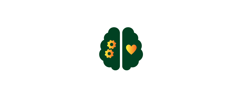 Brain with gears in one hemisphere, heart icon in the other