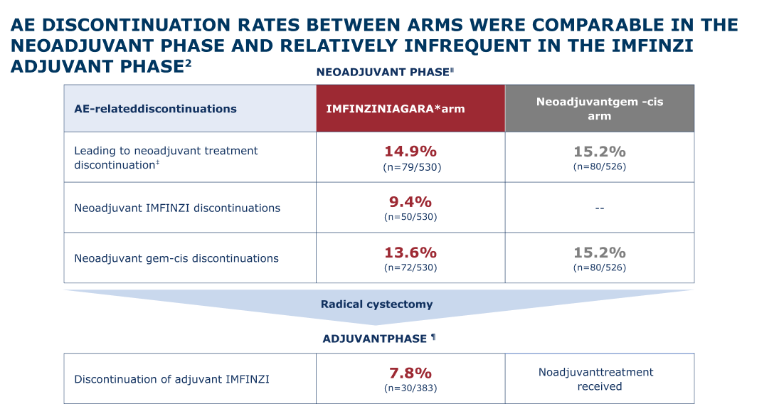 Table presenting discontinuation rates in the neoadjuvant and adjuvant phases due to adverse events. 