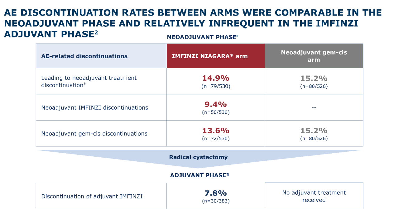 Table presenting discontinuation rates in the neoadjuvant and adjuvant phases due to adverse events. 