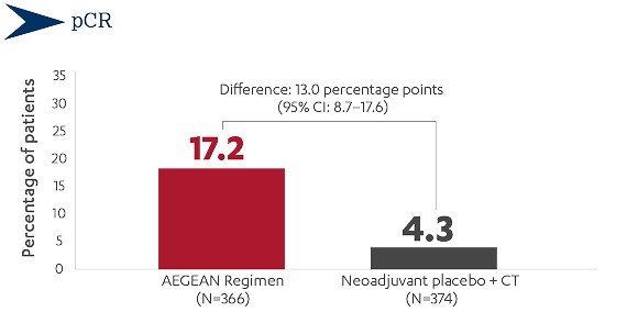 4 times more patients had pathological complete response (pCR) with AEGEAN vs neoadjuvant placebo with chemotherapy