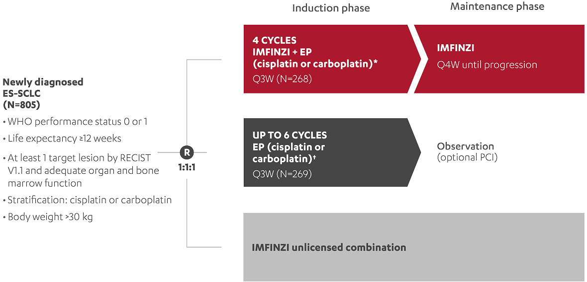 CASPIAN Study design for ES-SCLC randomising patients to durvalumab, placebo or in an unlicensed combination arm