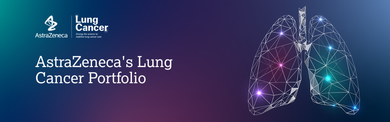 Image of geometric lungs with text saying AstraZeneca Lung Cancer Driving the Science to refine lung cancer care and AstraZeneca's Lung Cancer Portfolio