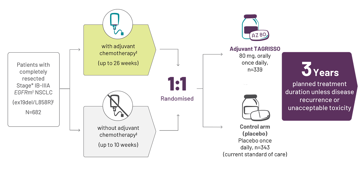Clinical trial design chart for ADAURA trial - global phase 3 randomised TAGRISSO vs placebo in ADAURA trial