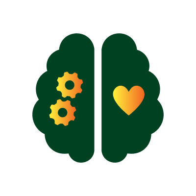 Brain with gears in one hemisphere, heart icon in the other